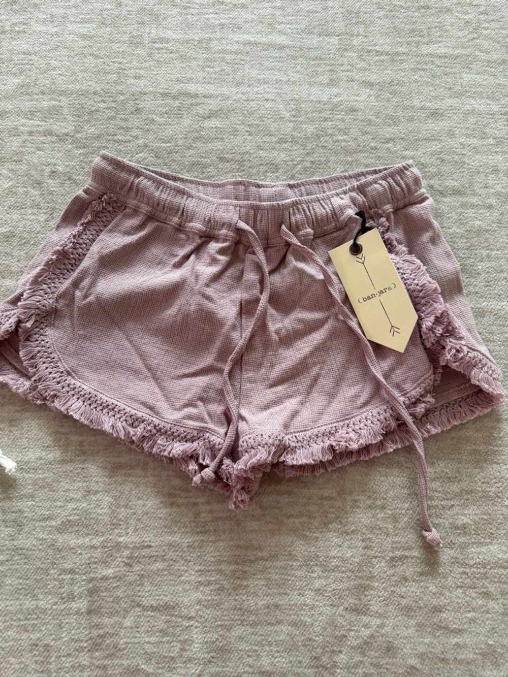 Fringed Boho Lavender Cotton Shorts with Drawstring - Women